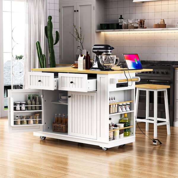 White MDF Wood 45 in. Kitchen Island Cart with Drop Leaf, Power Outlet, 2 Doors and 2 Drawers, Mobile Storage Cart
