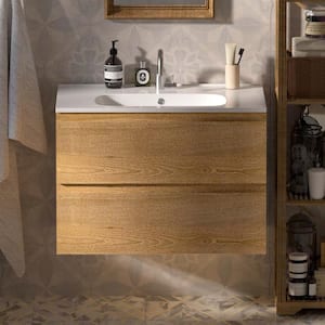 FLOAT 30 in. W x 18 in. D x 20 in. H Wall Mount Bath Vanity in Oak with Oval Easy Clean Snow White Bowl Sink Resin Top