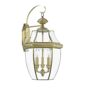 Aston 22.5 in. 3-Light Antique Brass Outdoor Hardwired Wall Lantern Sconce with No Bulbs Included