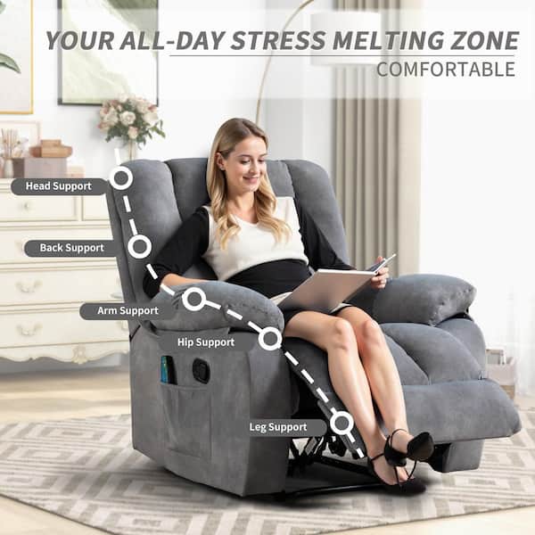 Bestier Gray Overstuffed Fabric Recliner Chairs with 8-Point
