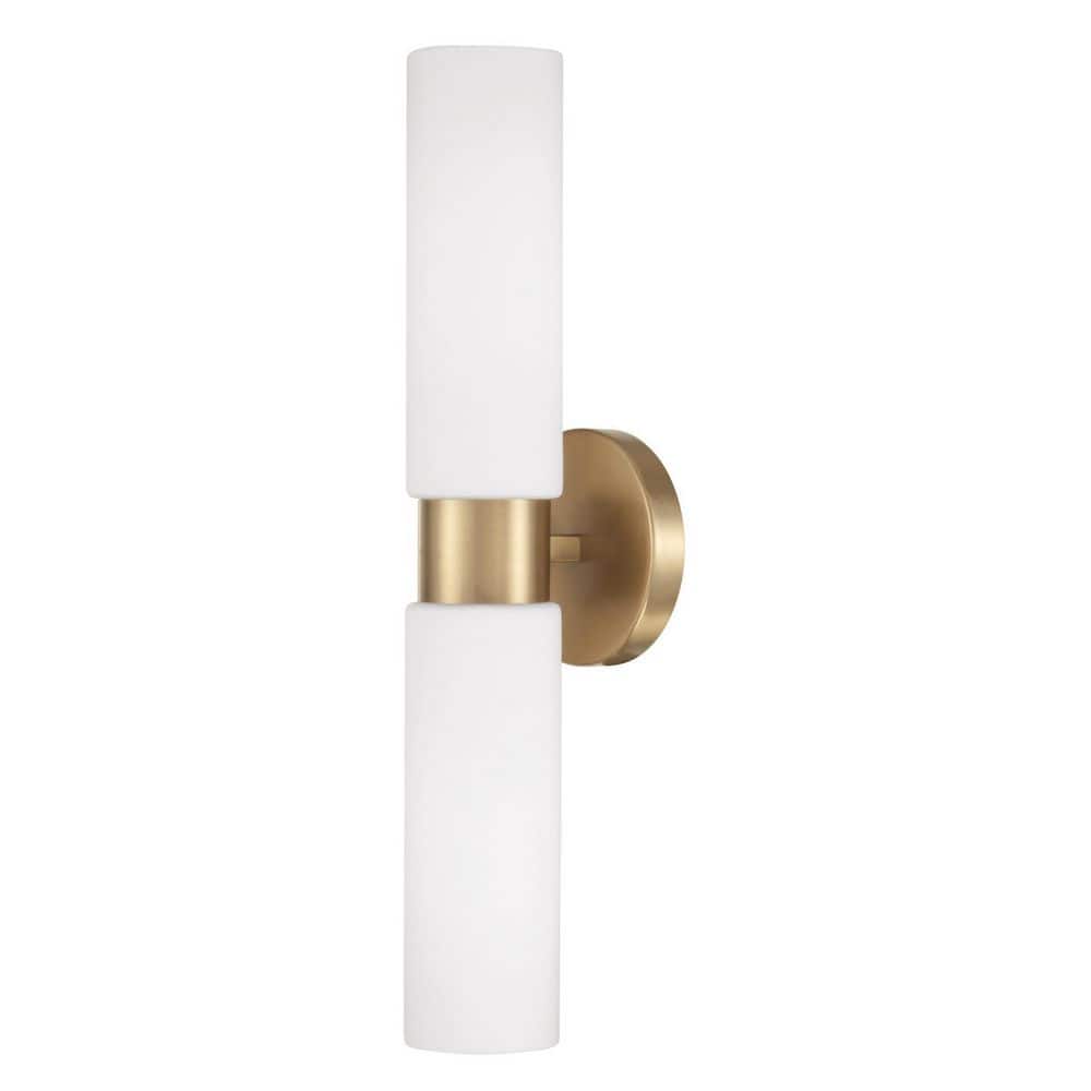 Aged Brass and White Glass Dual Cylinder Wall Sconce