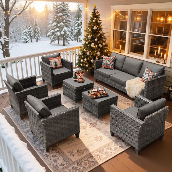 New Vultros Gray 7-Piece Wicker Patio Conversation Set ating Set with Black Cushions