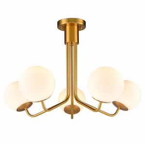 27.56 in. 5-Light Gold Modern Semi-Flush Mount with Frosted Glass Shade and No Bulbs Included 1-Pack