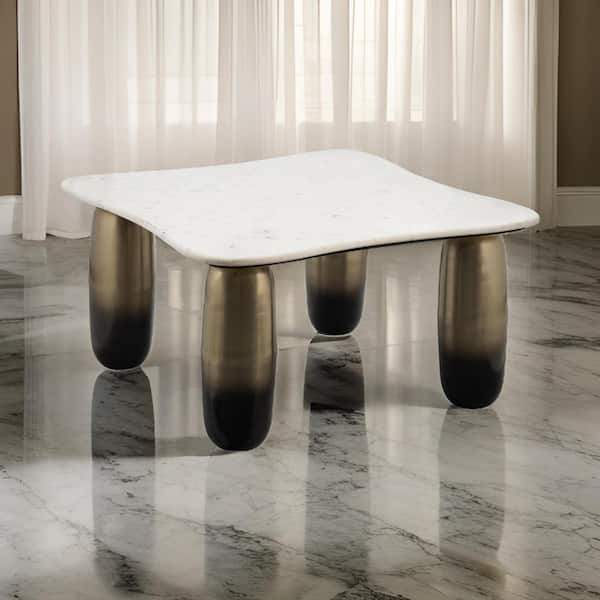 Benjara Custom Series 30 in. Square White Marble Coffee Table with Cylindrical Gold Metal Base