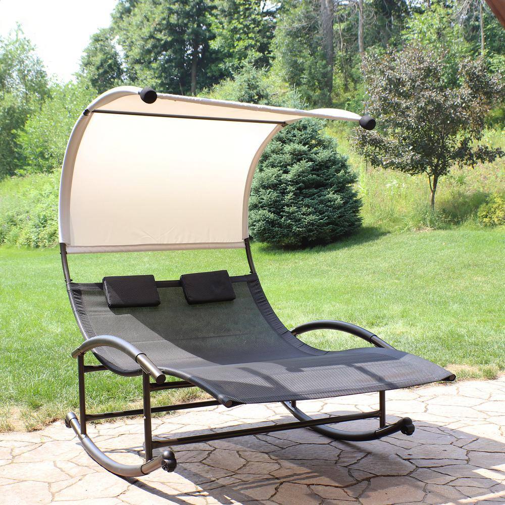 Black Double Chaise Rocking Lounge with Canopy and Cushions
