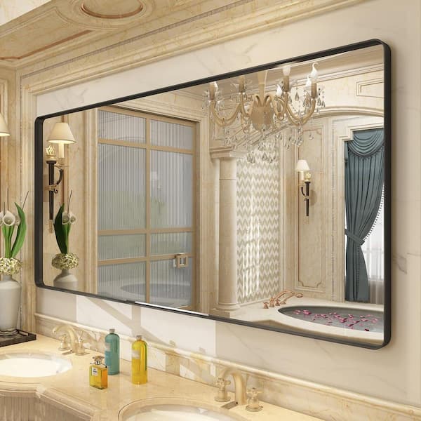 60 in. W x 30 in. H Rectangular Framed French Cleat Wall Mounted Tempered Glass Bathroom Vanity Mirror in Matte Black