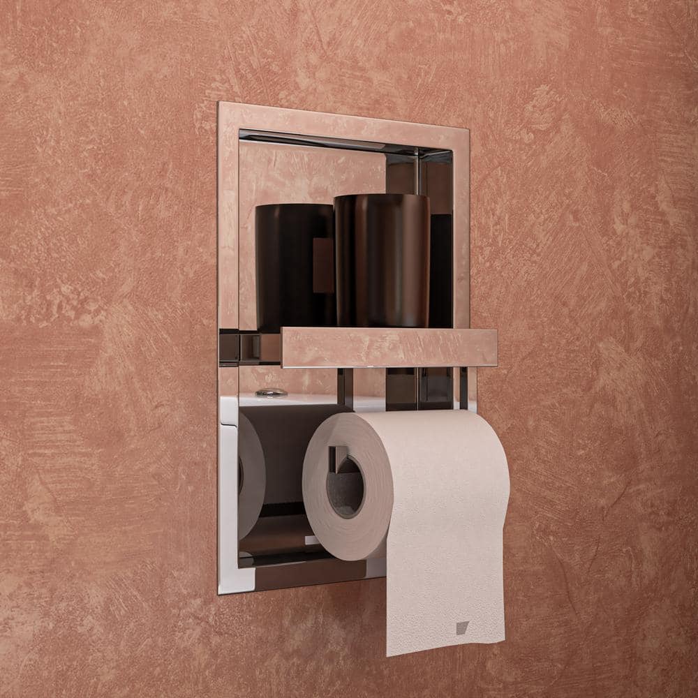 Polished Stainless Steel Recessed Toilet Paper Holder with Shelf