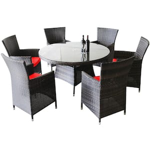 7-Piece Wicker Aluminum Frame Outdoor Dining Set with Washed Red Cushion and Round Dining Table
