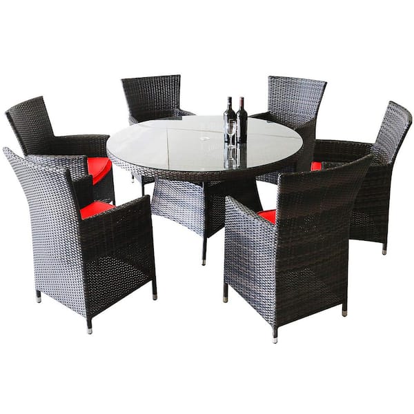 PATIOPTION 7-Piece Wicker Aluminum Frame Outdoor Dining Set with Washed Red Cushion and Round Dining Table