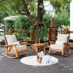 Carmel 3-Piece Teak Wood Rocking Patio Conversation Set with Tan Cushion