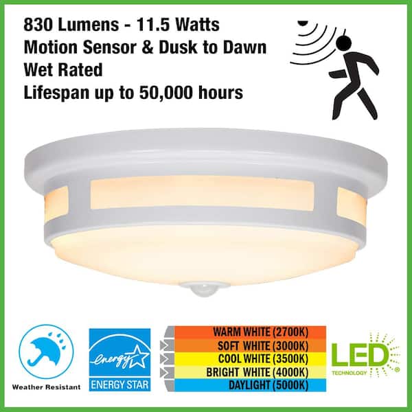 11 in. Round White Exterior Outdoor Motion Sensing LED Ceiling Light 830 Lumens 5-Color Temperature Options Wet Rated