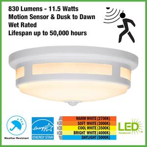 11 in. Round White Exterior Outdoor Motion Sensing  LED Ceiling Light 5 Color Temperature Options Wet Rated 830 Lumens