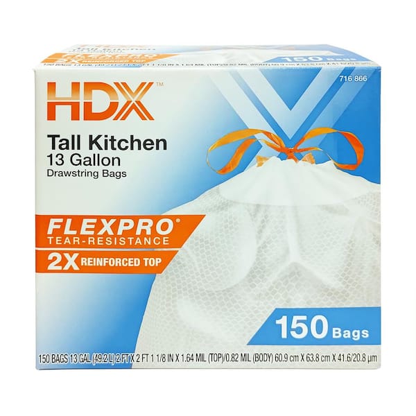 HDX FlexPro 13 Gallon Reinforced Top Drawstring Kitchen Trash Bags (150-Count)