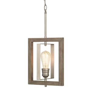 Palermo Grove 10 in. 1-Light Antique Nickel Farmhouse Mini-Pendant with Painted Weathered Gray Wood Accents
