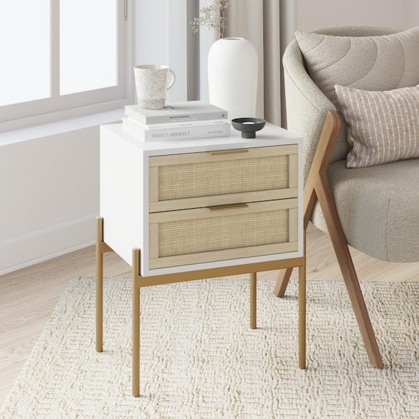 Nathan James Andrew 19 in. White and Rattan End or Side Table with Storage Doors and Gold Accents for Bedroom or Living Room