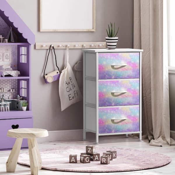 Rainbow Sparkle Tie-Dye 3 Drawer 11.8 in. W Nightstand - Storage Organizer with Steel Frame, Wood Top, and Fabric Bins