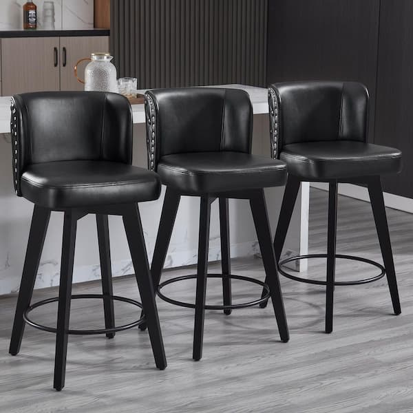 Hochwertiges 27.5 in. Black Faux Leather Upholstered Wooden Counter Height Bar Stool Swivel Counter Stool (Set of 3)