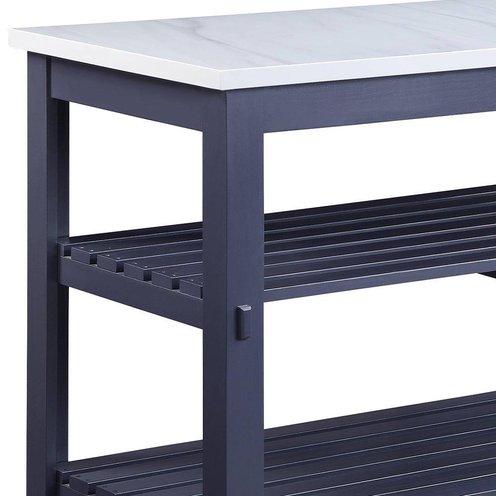 Gray Wooden Kitchen Island with Marble Top and Shelves