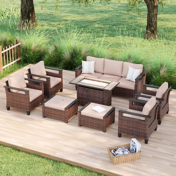 Sonkuki 8 Pieces Brown Wicker Sand Cushion Patio Conversation Set with Rectangle Firepit Table and Ottomans