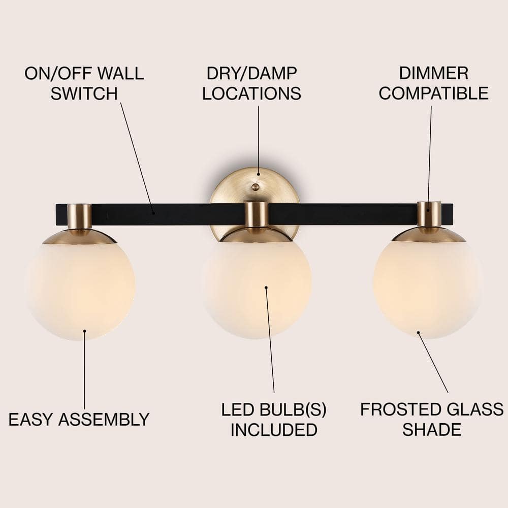 Modernist Globe 24" Brass Gold & Black 3-Light LED Vanity with Frosted Glass