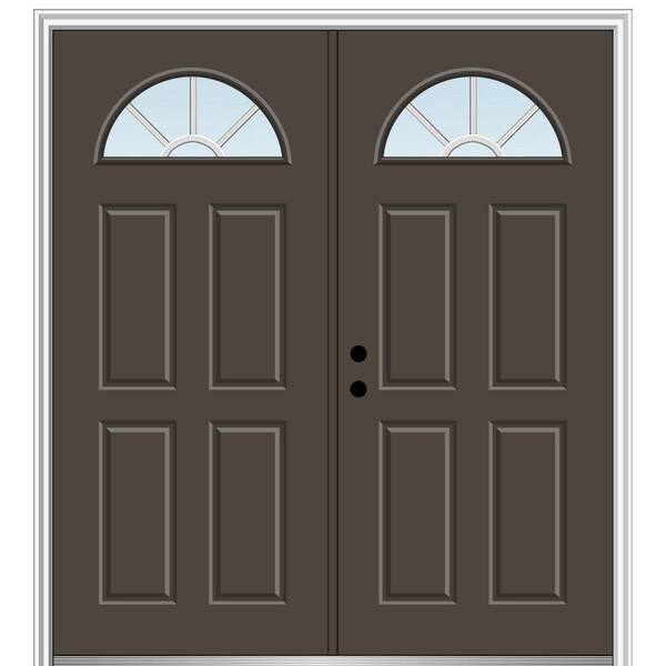 MMI Door 64 in. x 80 in. White Internal Grilles Right-Hand Inswing Fan Lite Clear 4-Panel Painted Steel Prehung Front Door