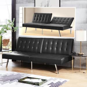 Black, Linen Tufted Split Back Futon Sofa Bed, Couch Bed, Futon Convertible Sofa Bed with Metal Legs