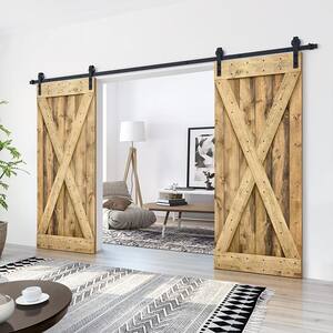 76 in. x 84 in. X Series Weather Oak Stained Solid Knotty Pine Wood Interior Double Sliding Barn Door with Hardware Kit