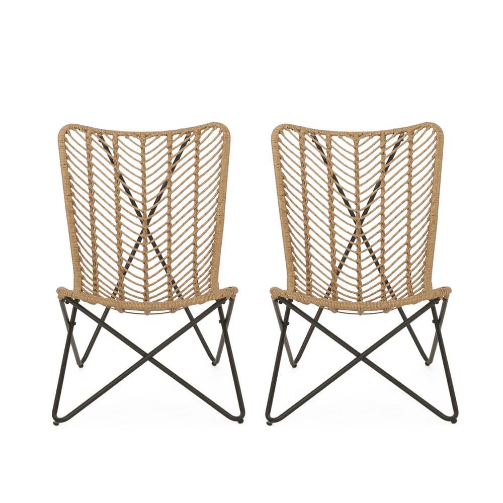 Light Brown and Black Wicker Bohemian Armchair Set with Iron Legs