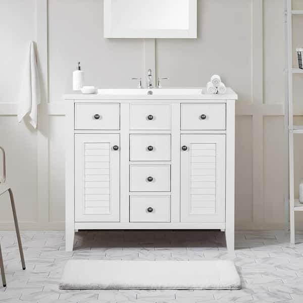 Zeus & Ruta Serenitree 36 in. W x 18.03 in. D x 34.38 in. H Single Sink Bath Vanity in White with White Ceramic Top and Basic