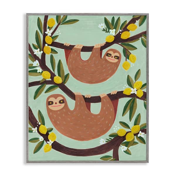 Stupell Industries Sloths on Lemon Tree Branches by Irene Chan Gray Framed Animal Giclee Art Print 20 in. x 16 in.