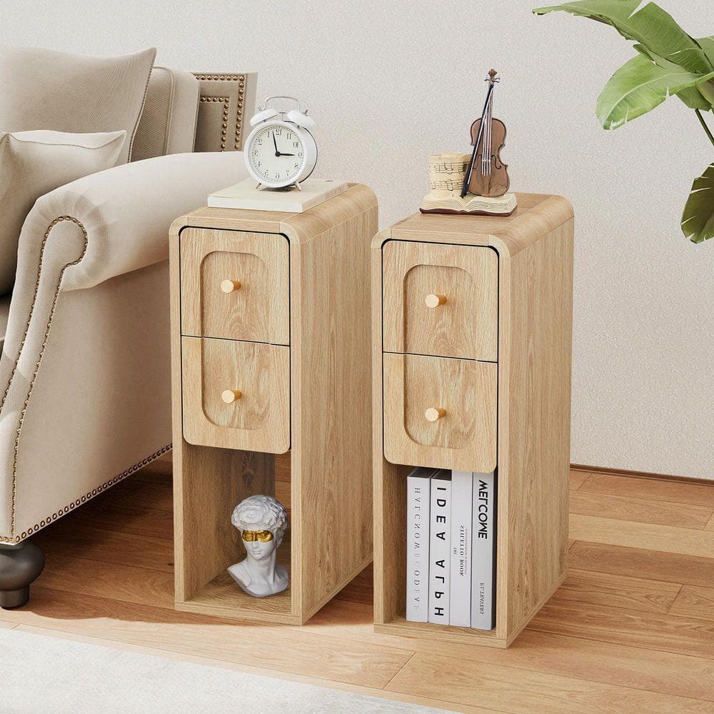 ベッドサイドテーブル - 2個 bedside table ATHMILE Vertical Set of Natural 2-Drawer 13.77 in. W Nightstand
