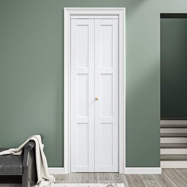 24 in. x 80 in. 3-Lite Solid Core Panel White Primed Composite MDF Interior Closet Bi-fold Door with Hardware Kit