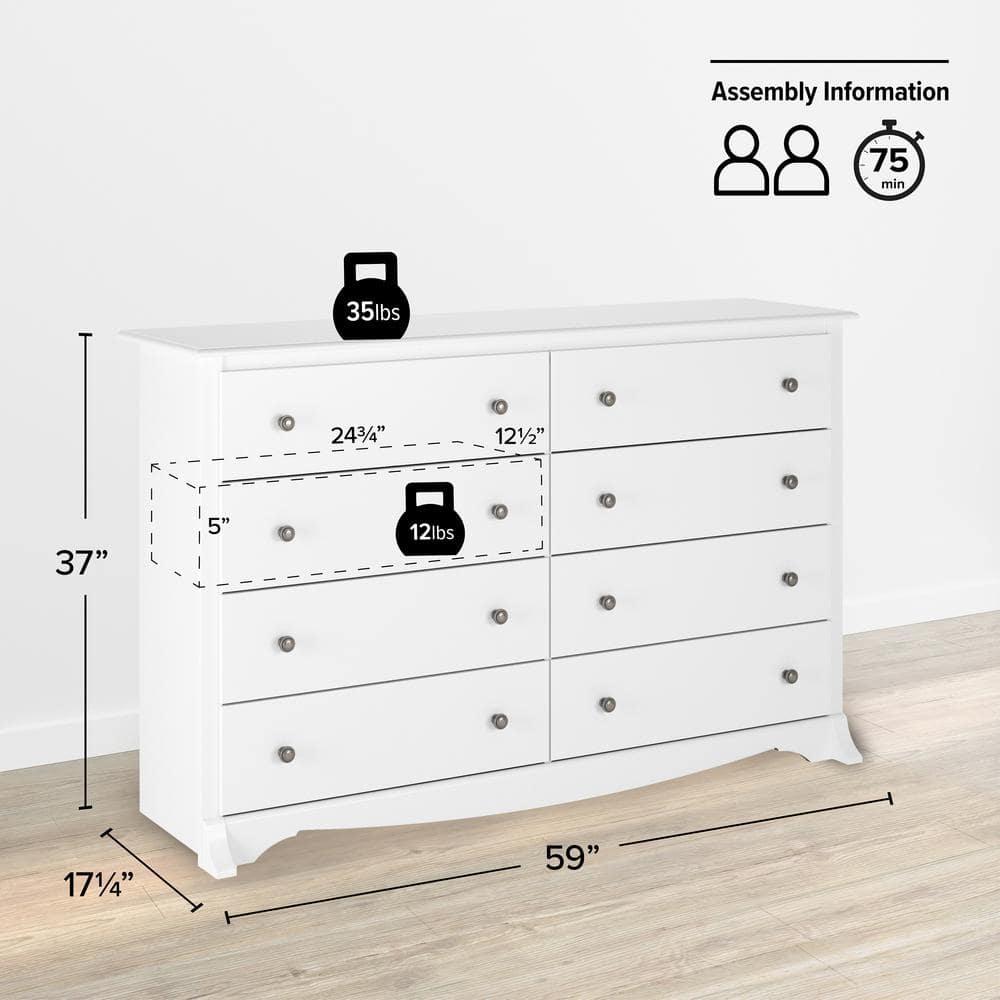 White Double 8-Drawer Horizontal Dresser with Deep Drawers