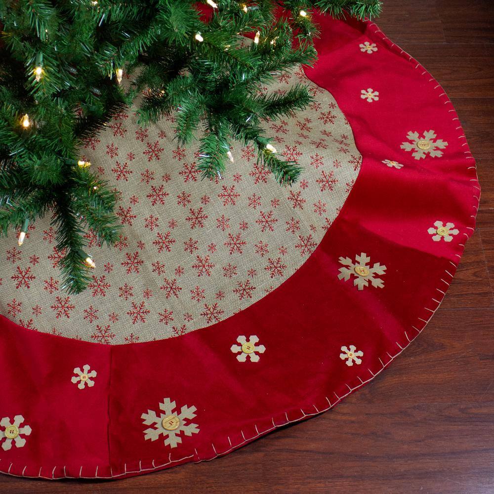 60" Burlap and Red Velvet Snowflake Christmas Tree Skirt