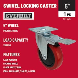 5 in. Red Polyurethane and Steel Swivel Plate Caster with Locking Brake and 330 lb. Load Rating