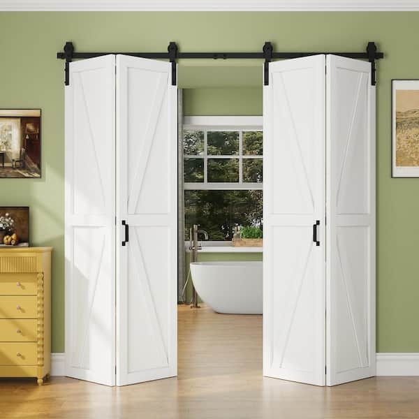 80 in. x 84 in. Paneled White Finished MDF British K Shape Composite Bifold Sliding Barn Door with Hardware Kit
