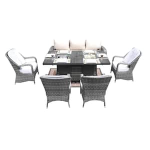 Jessica 6-Piece Wicker Patio Conversation Set with Gray and Beige Cushions with Firepit Table