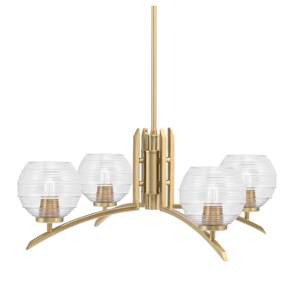 Siena 27.5 in. 4-Light New Age Brass Chandelier with 6 in. Clear Ribbed Gla