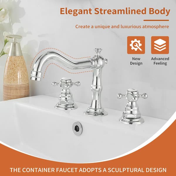 8 in. Widespread Double Handle Low Arc Bathroom Faucet with Drain Kit, Easy to Install, Drip Free in Polished Chrome