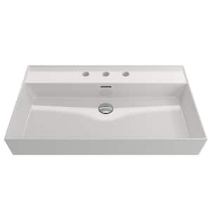 Milano Wall-Mounted White Fireclay Rectangular Bathroom Sink 32 in. 3-Hole with Overflow