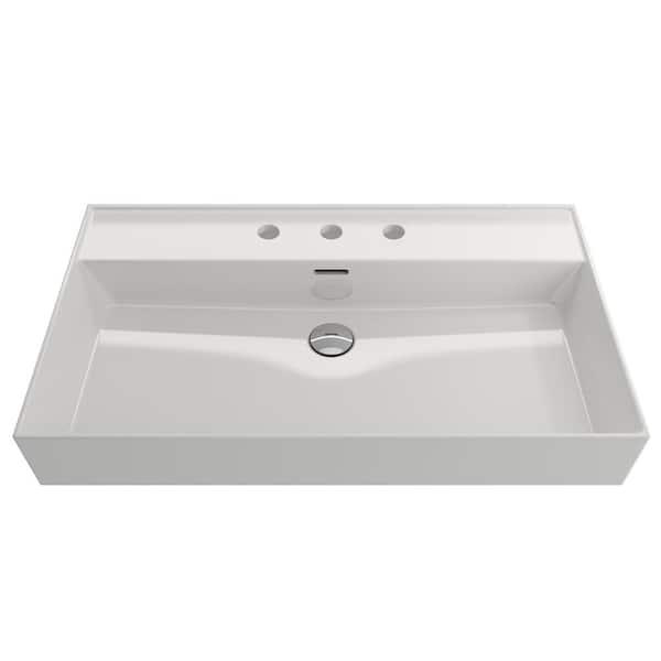 BOCCHI Milano Wall-Mounted White Fireclay Rectangular Bathroom Sink 32 in. 3-Hole with Overflow