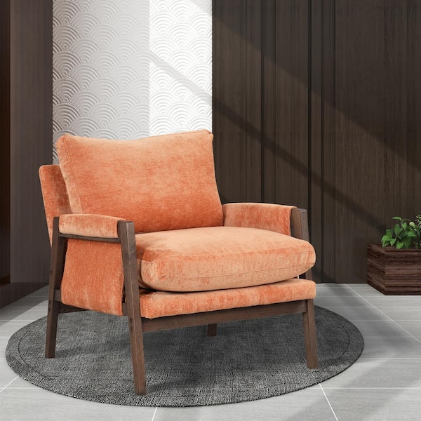 Polibi Mid-Century Modern Orange Velvet Accent Chair with Solid Wood and Thick Seat Cushion