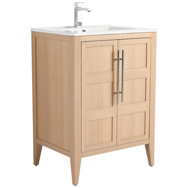 Leafside 24 in. Freestanding Sand Oak Bath Vanity with White Ceramic Sink Top Assembled