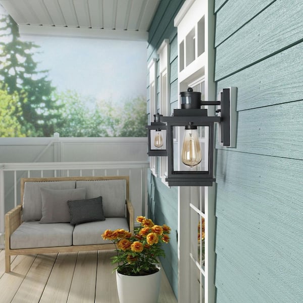 Modern 1-Light Motion Sensing Outdoor Wall Lantern Textured Black Wall Light with Clear Glass Shade for Garage, Patio