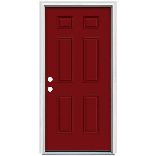 36 in. x 80 in. 6-Panel Cranberry Red Painted Steel Prehung Right-Hand Inswing Front Door with Brickmould
