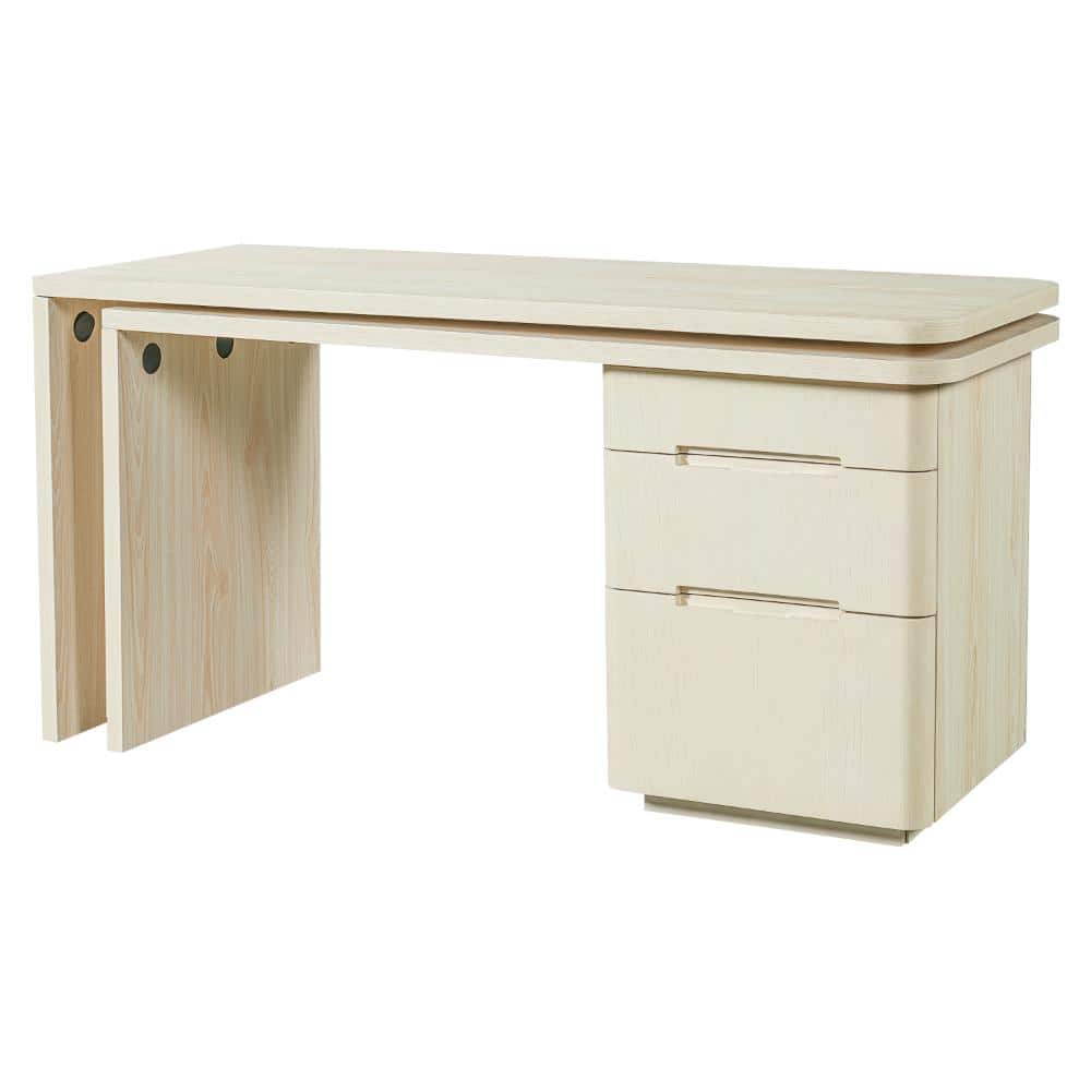 90.3 in. W Natural MDF L Shaped Desk with 3 Drawers, 360° Wood Rotating Desk