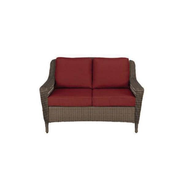 Hampton Bay Spring Haven Brown Wicker Outdoor Patio Loveseat with Standard Chili Red Cushions