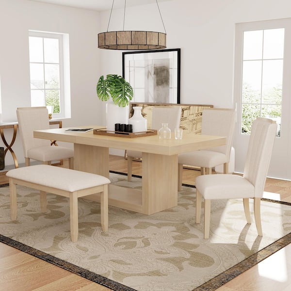 Harper & Bright Designs Natural 6-Piece Wood Top Extendable Dining Set with 18 in. Removable Leaf, Bench, 4-Upholstered Dining Chairs