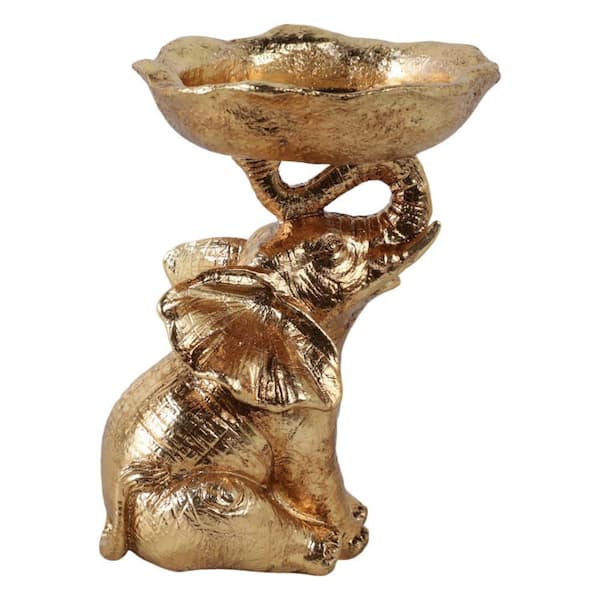 Liv & Skye Gold 4.25 in. x 6 in. Resin Round Bowl On Elephant Trunk Decorative Bowl