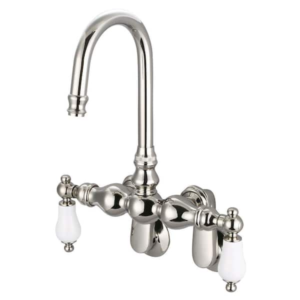Water Creation 2-Handle Wall Mount Gooseneck Claw Foot Tub Faucet with Porcelain Lever Handles in Polished Nickel PVD